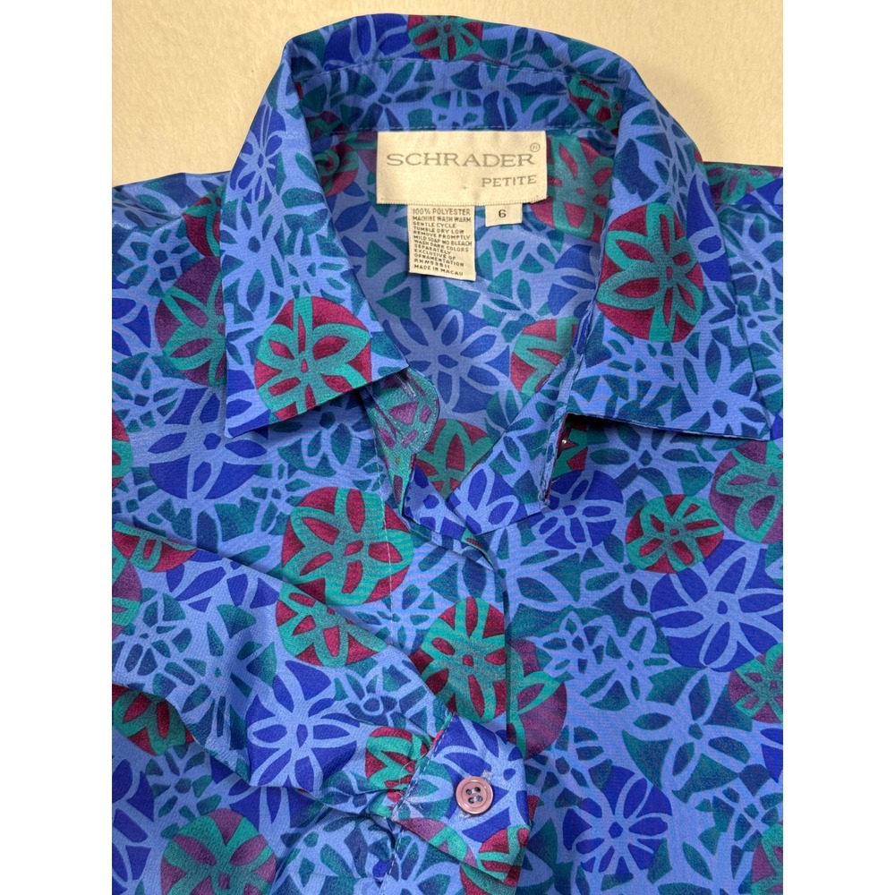 Vintage 80s Schrader 6 Petite Blue Geometric Floral Shirt Dress Shoulder‎ Pads
